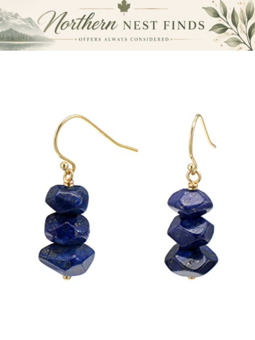Natural Lapis Lazuli Dangle Earrings 18K Yellow Gold Plated